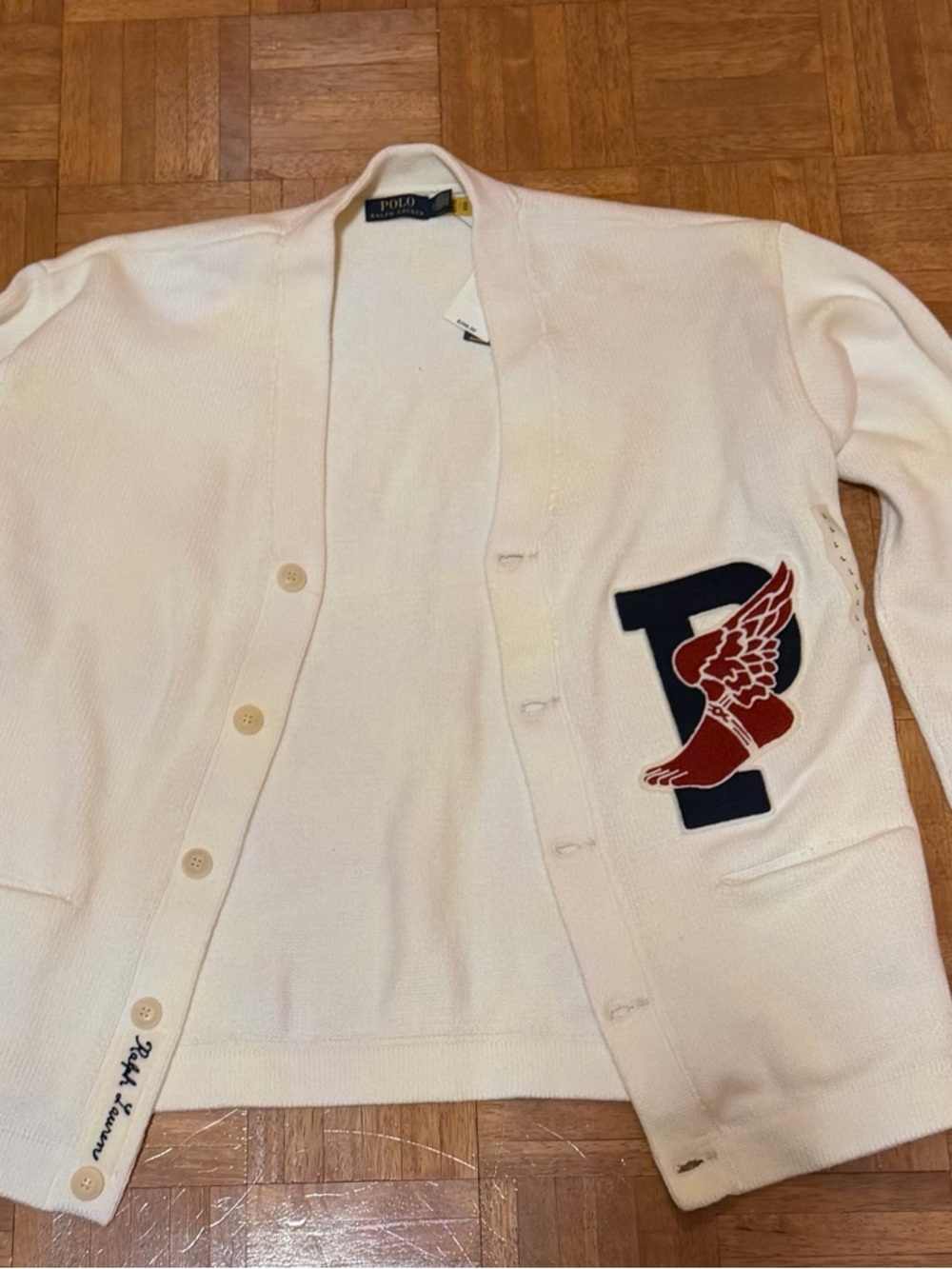 Ralph Lauren Cream Knit Sweater with Navy /Red P Wing